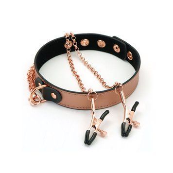 Нашийник із затискачами для сосків Liebe Seele Rose Gold Memory Collar with Nipple Clamps, шкіра SO9495 фото