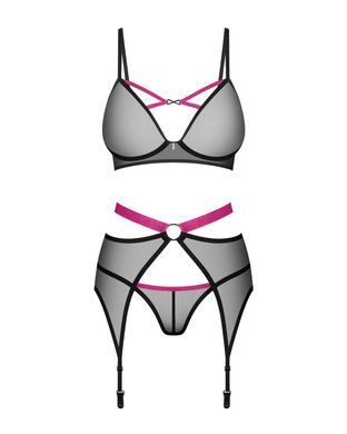 Комплект Obsessive Novenes 3-pcs set, M/L, прозорий ліф на кісточках, стрінги, пояс SX0617 фото