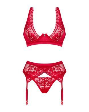 Комплект білизни Obsessive Lacelove cupless 3pcs set XS/S Red, бюстгальтер, стрінги, пояс для панчіх SO8655 фото