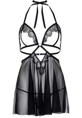 Сорочка бебі-дол з відкритими чашками Leg Avenue Lace and mesh babydoll & panty Black S, стрінги SO9163 фото