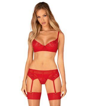 Комплект Obsessive Ingridia 3-pcs set XS/S, червоний, бюстгальтер, стрінги, пояс SO9034 фото