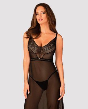 Напівпрозора довга сорочка Obsessive Estiqua chemise XL/2XL, чорний, асиметричний крій SO7264 фото