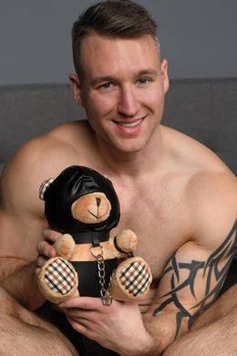 Плюшевий ведмедик HOODED Teddy Bear БДСМ у шкіряному капюшоні з повідцем, 23x16x12 см SO9815 фото