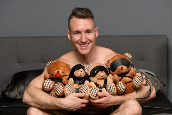 Плюшевий ведмедик HOODED Teddy Bear БДСМ у шкіряному капюшоні з повідцем, 23x16x12 см SO9815 фото